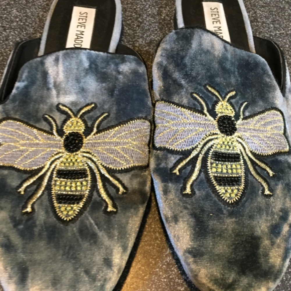 Steve Madden Blue-Gray and Gold Bee Embroidered Loafers - Picture 9 of 15